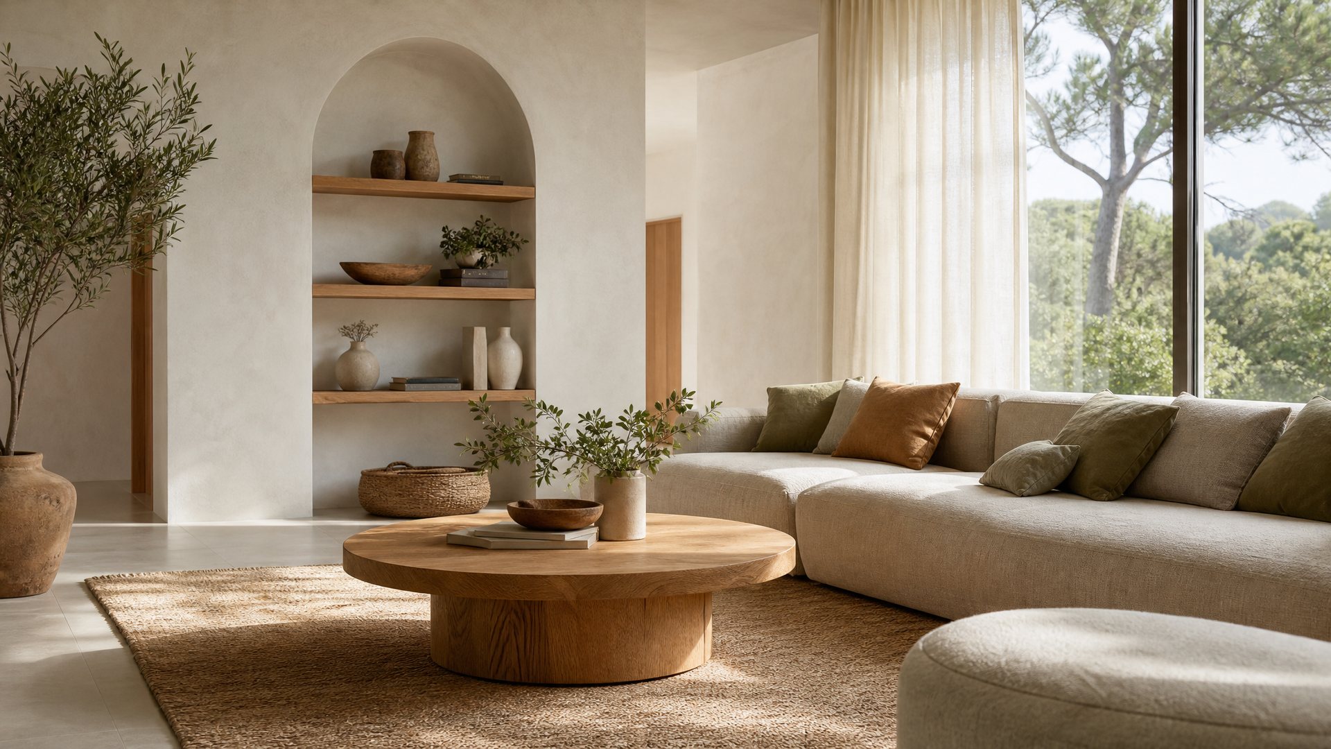 Living room scheme with linen sofa, oak table and jute rug