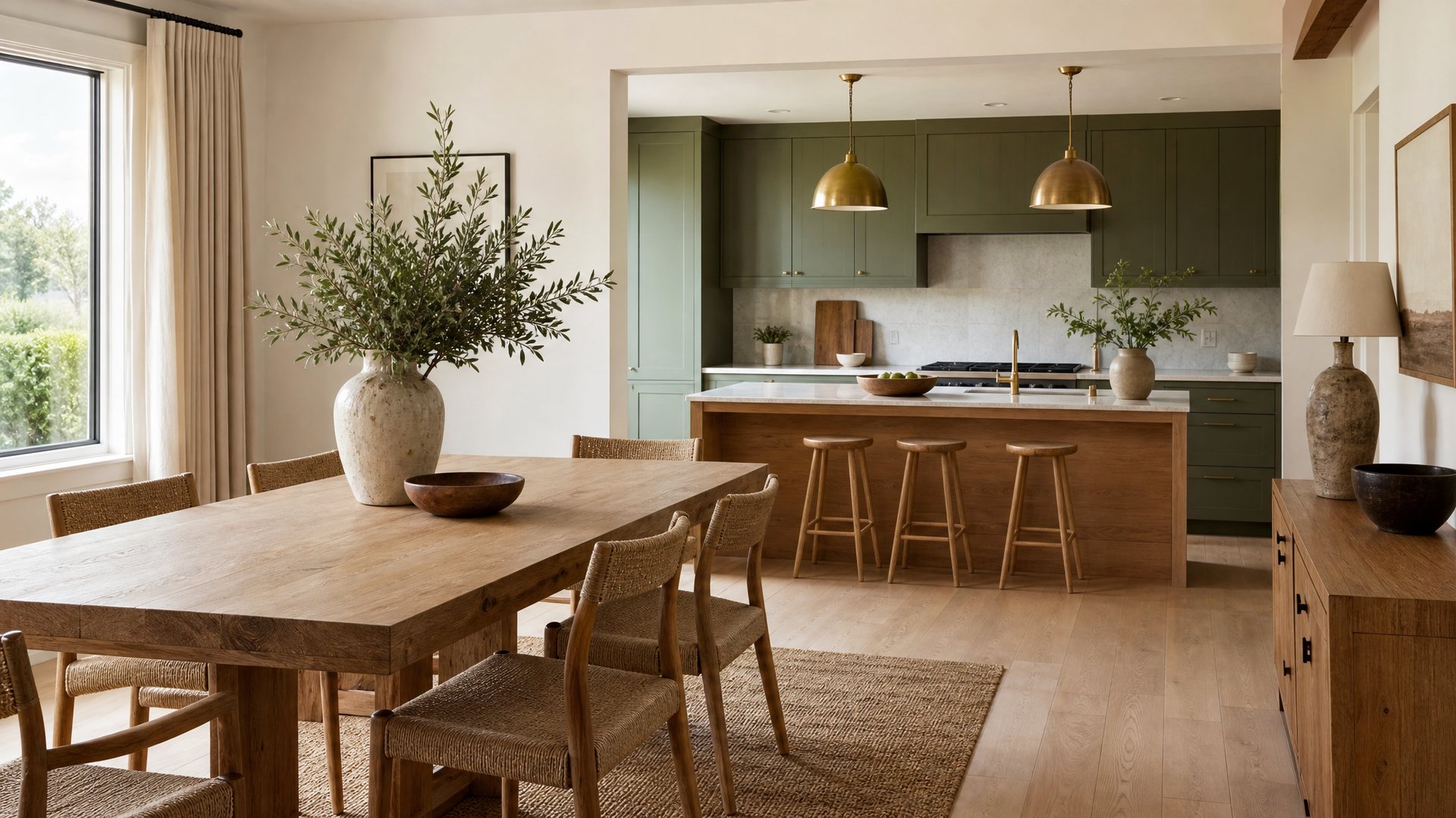Open plan dining and kitchen scheme with oak table and sage cabinetry