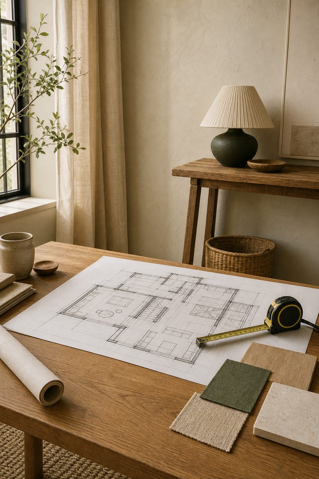 Space planning: floor plan and drawings on an oak table