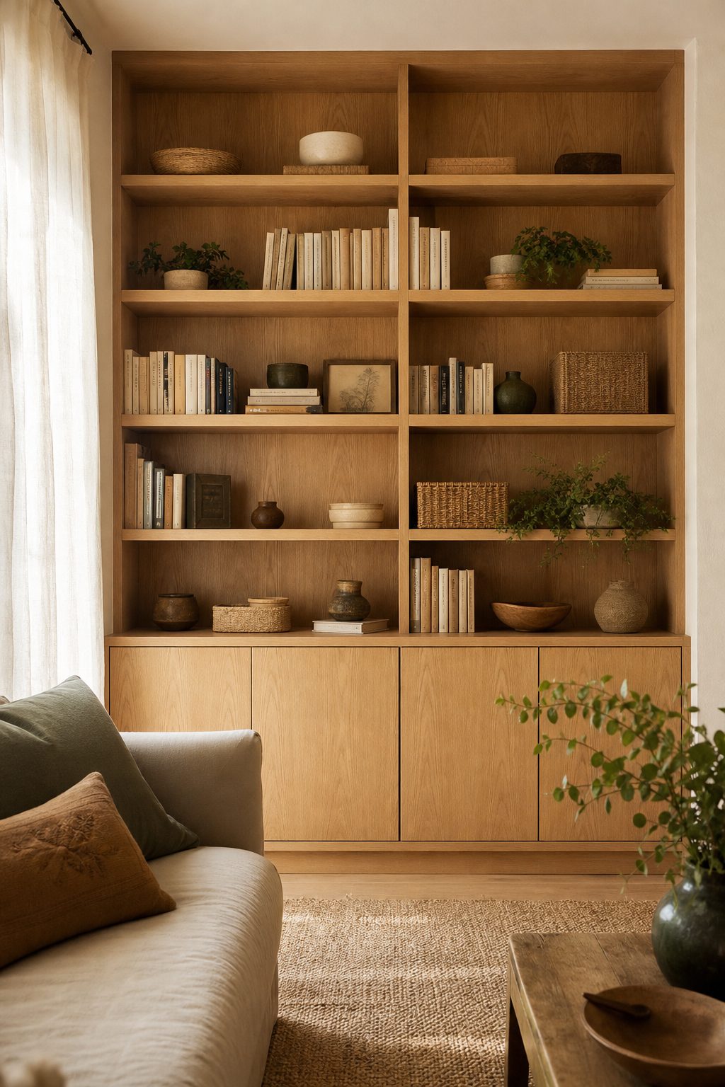 Built-in oak storage and shelving in a small apartment