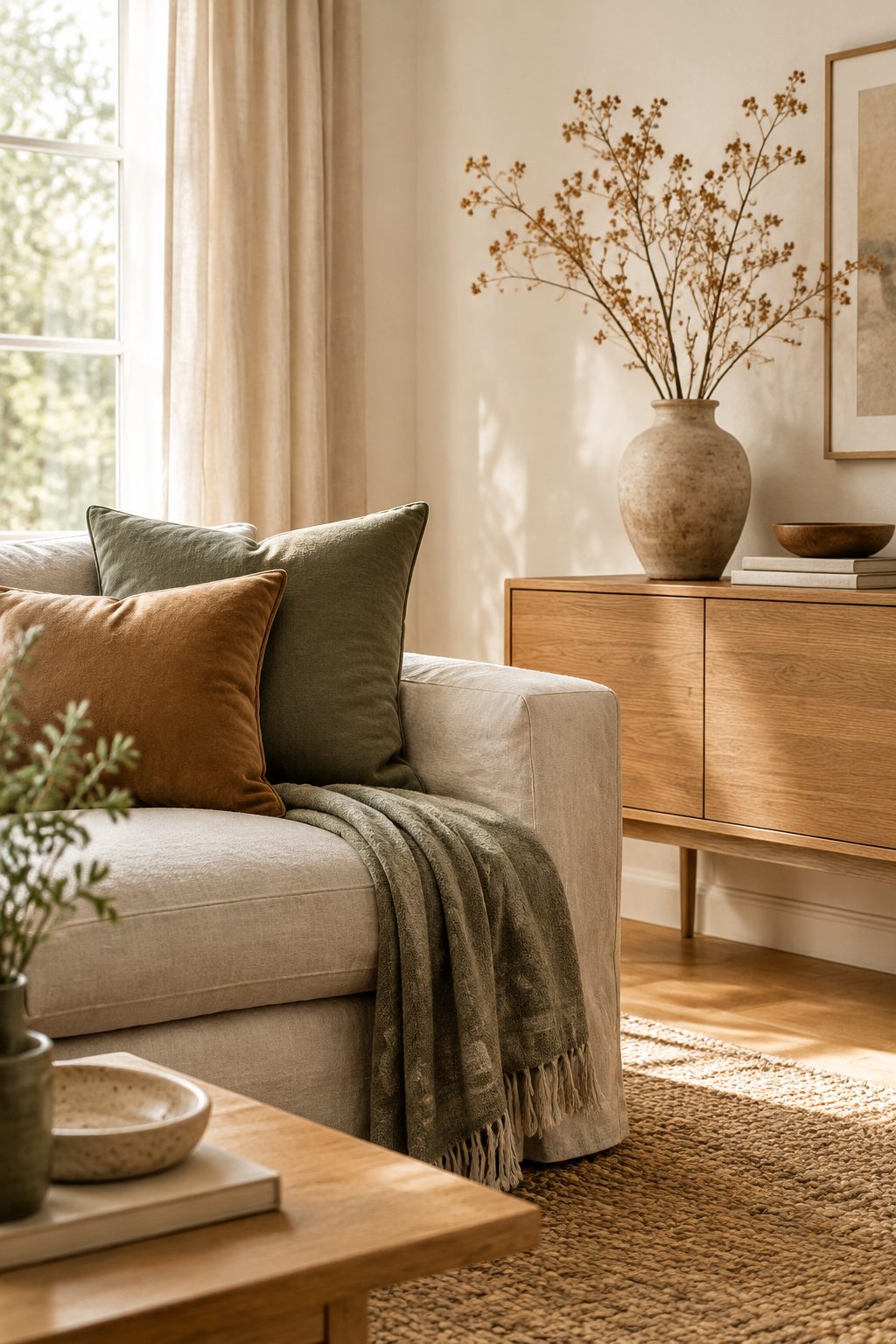 Soft furnishing styling with linen, wool and ceramic details