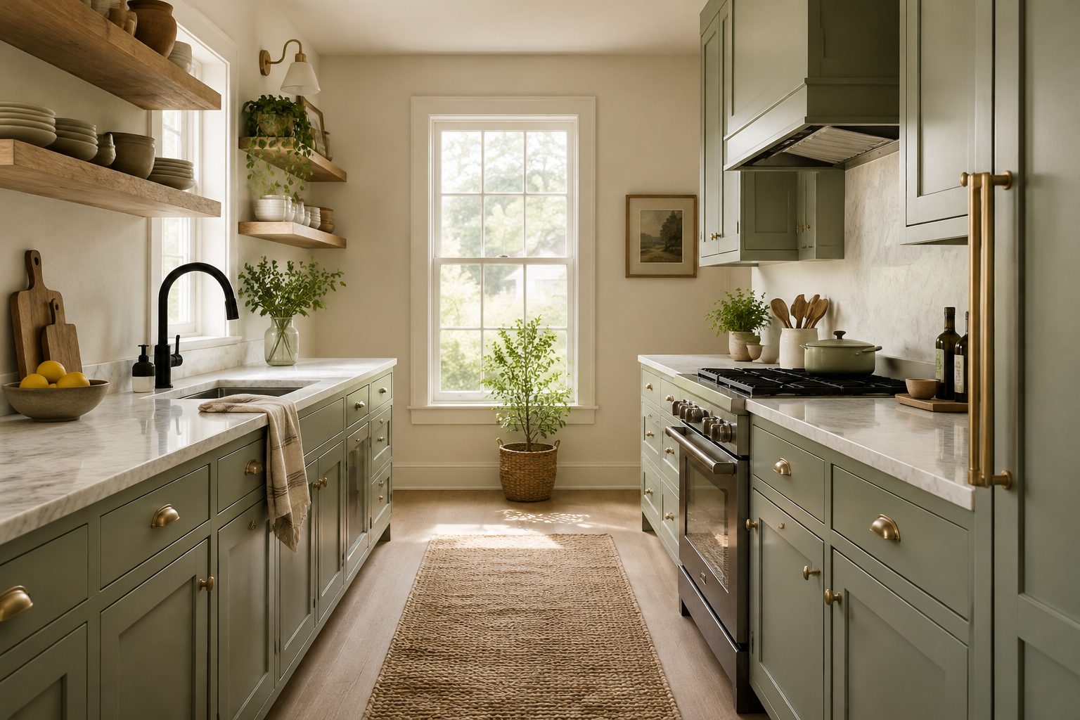 Renovated galley kitchen with sage cabinets and marble worktop