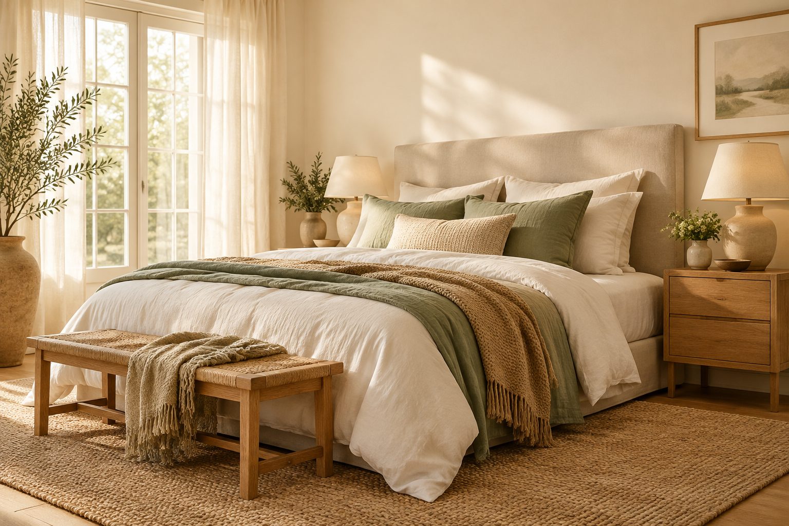 Bedroom scheme with upholstered headboard and layered bedding
