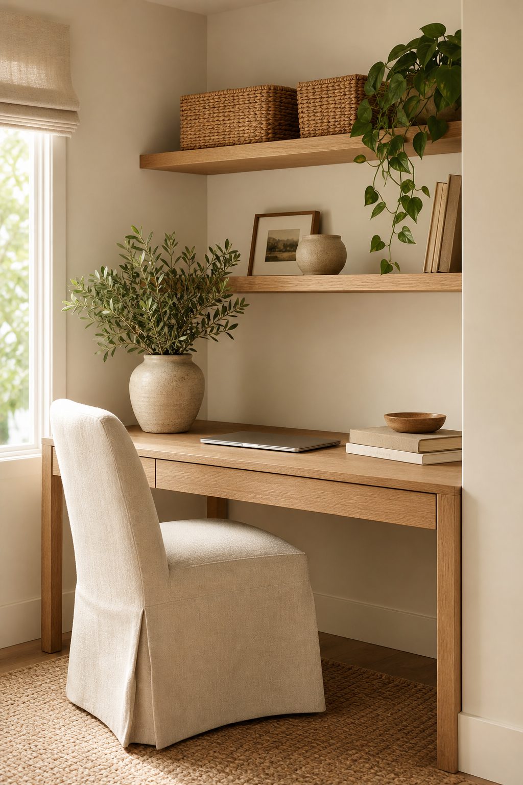 Small home office nook with oak desk and linen chair