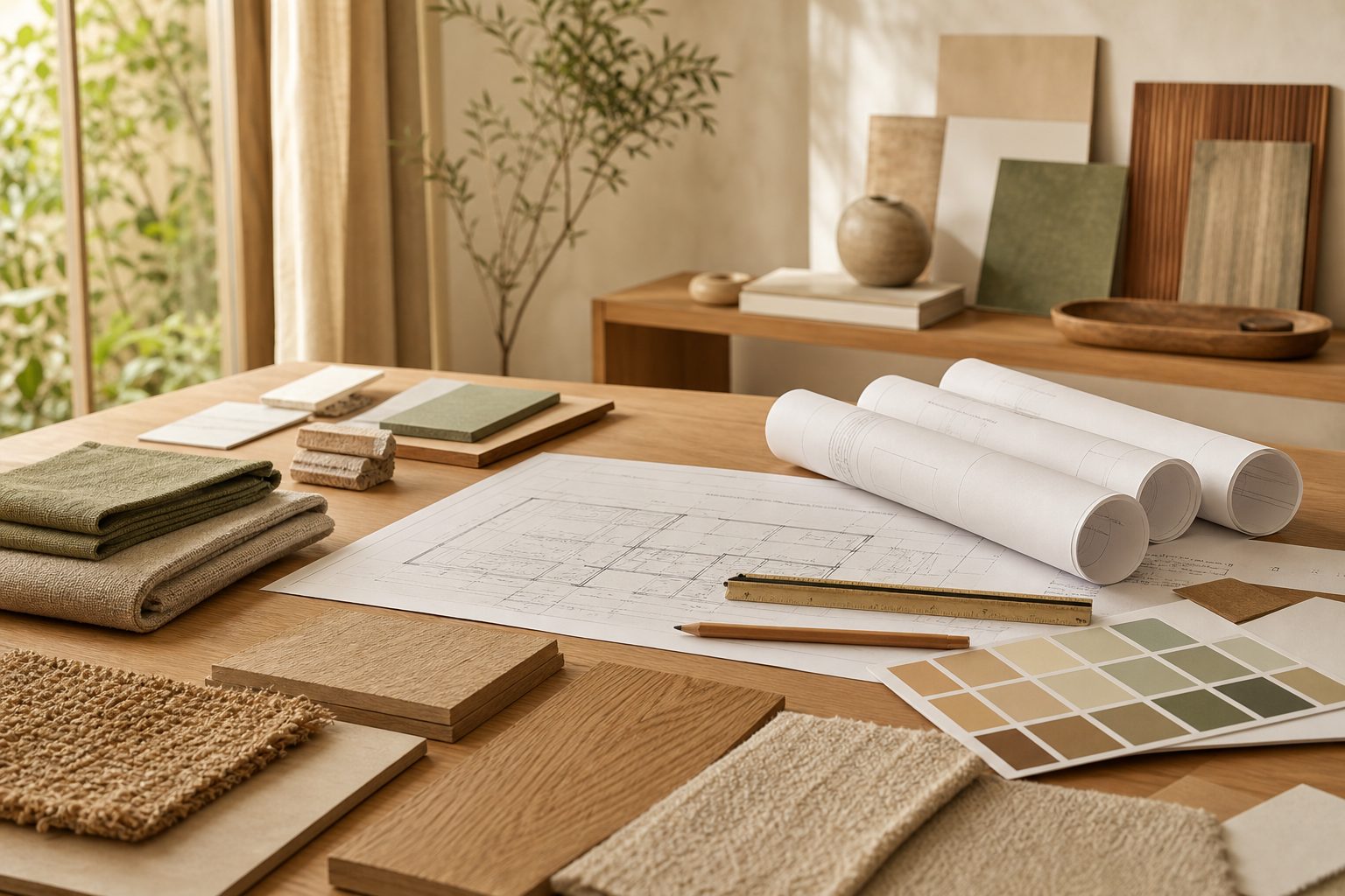 Worktable with technical drawings and material samples