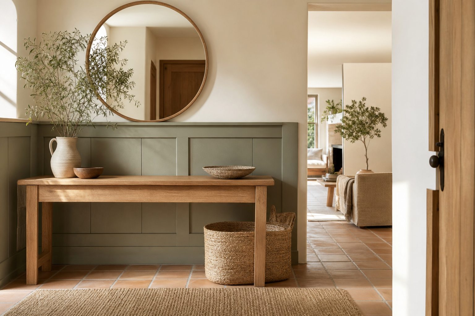 Entrance hallway with oak console and round mirror