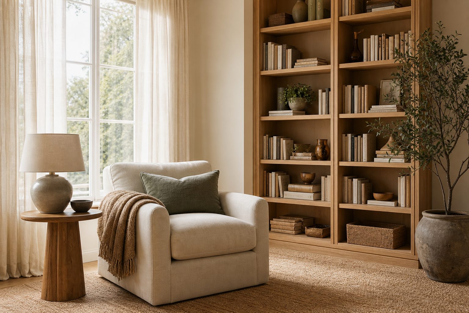 Reading corner with linen armchair and full-height shelving